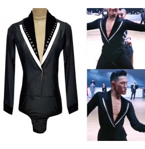 Custom size Men's latin dance shirts white black lapel collar youth competition salsa rumba chacha performance body tops